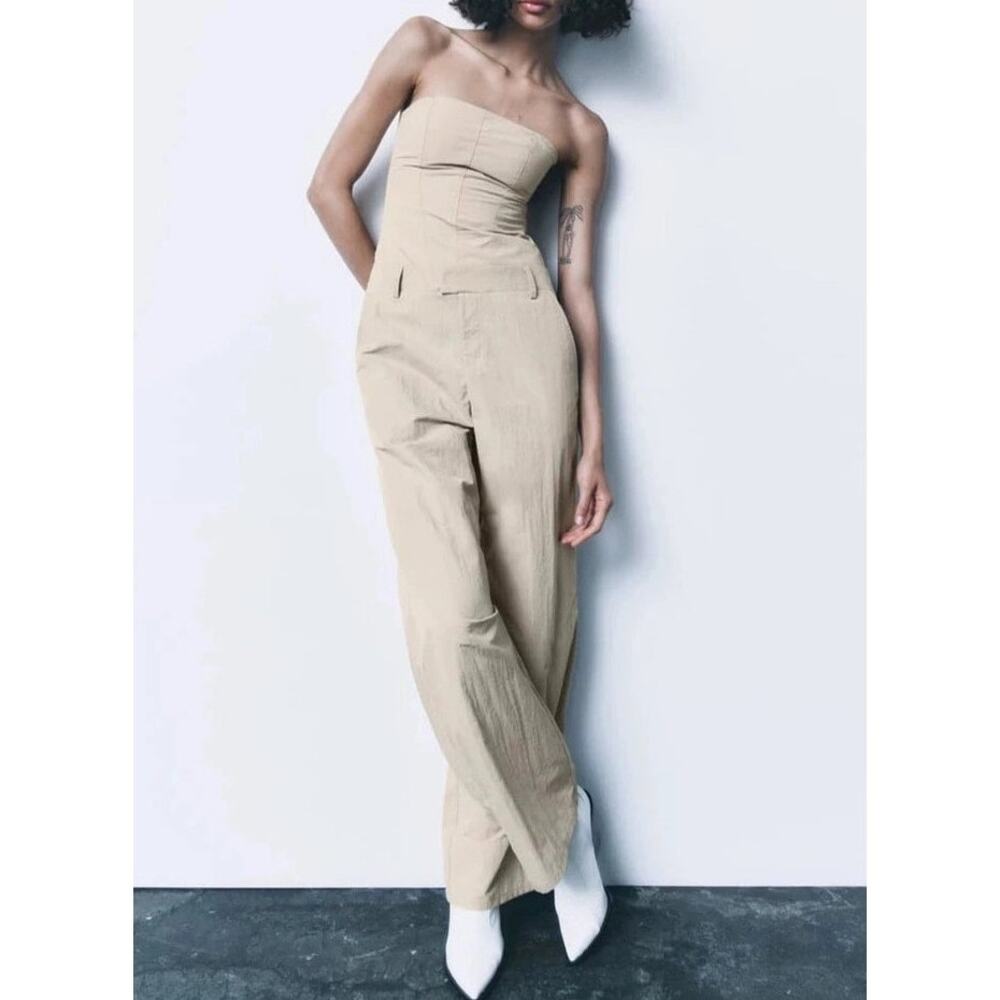 Zara Strapless Beige Straight Leg Jumpsuit Nylon Cargo Utility Bustier Wide Leg